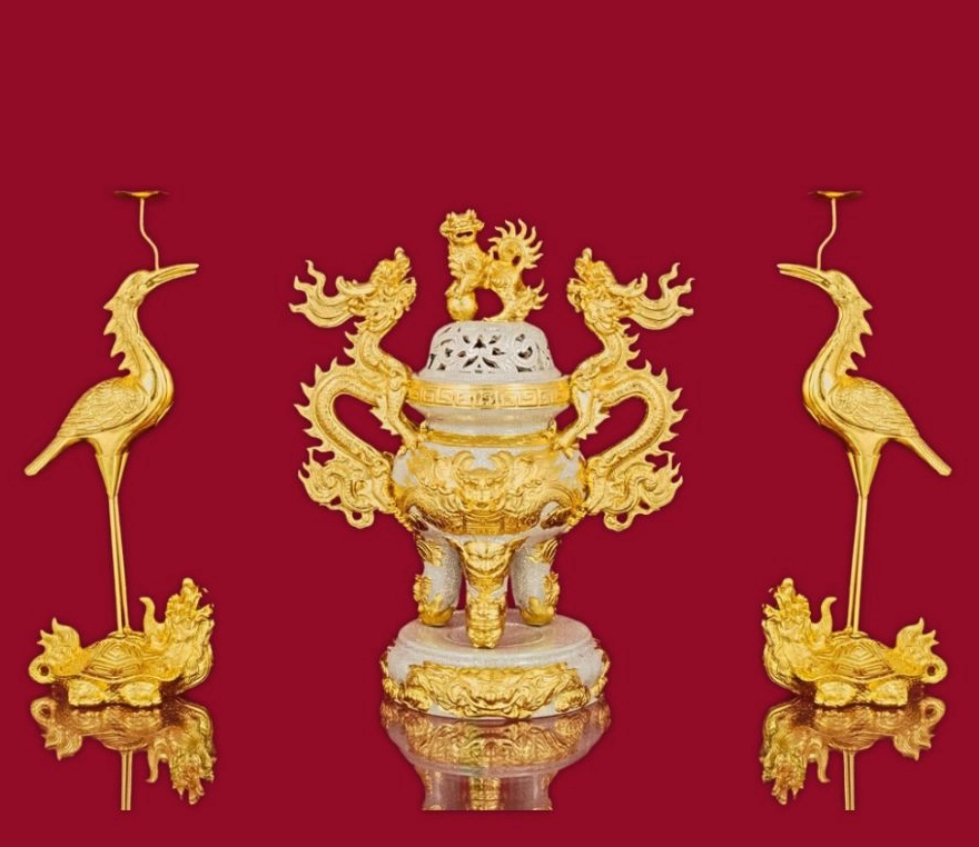 BỘ ĐỈNH HẠC SỨ MEN RẠN ĐẮP NỔI BÁT TRÀNG CAO 61CM 4